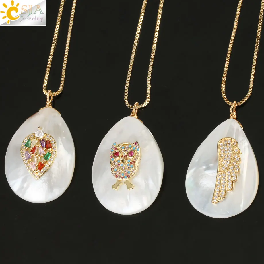 Csja Капля воды белый Абалон оболочки кулон ожерелье жемчужные раковины золотого