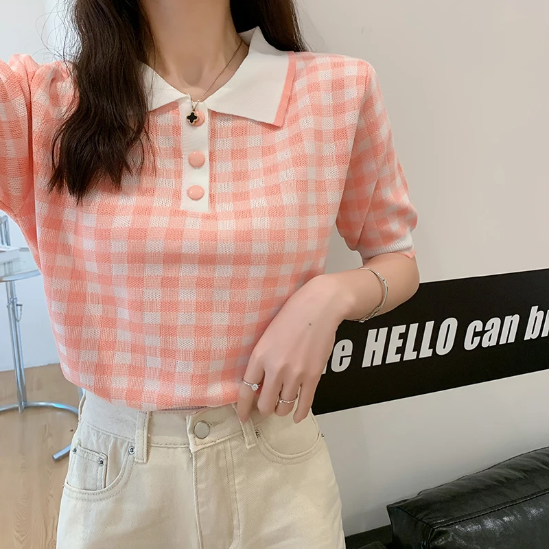 Летние вязаные футболки с коротким рукавом милые клетчатые эластичные