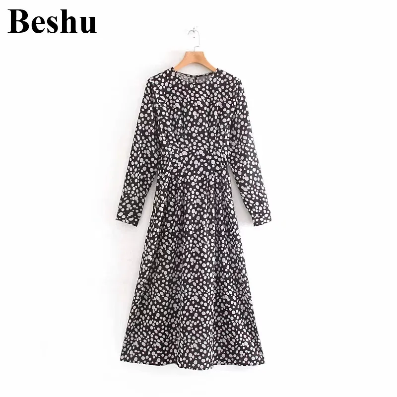 Модное женское платье za элегантное в горошек с круглым вырезом высокой талией