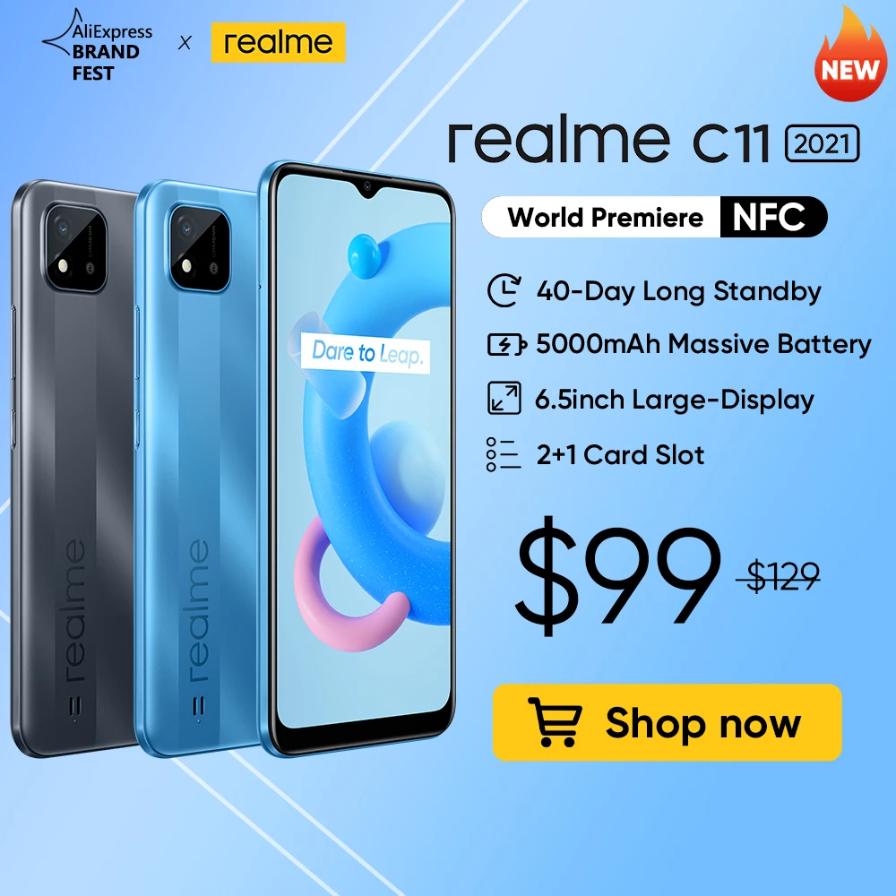  realme C11 2021 глобальных Русская версия 2 Гб Оперативная память 32GB Встроенная память 6,5 "HD + 5000 мАч долгоиграющий Батарея NFC 