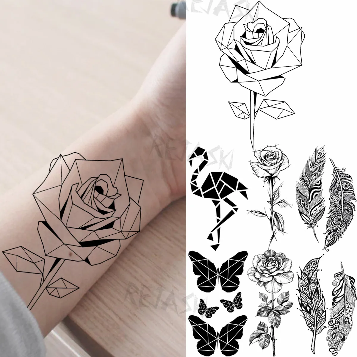 

Black Geometric Rose Temporary Tattoos For Women Adult Flamingo Butterfly Feather Fake Tattoo 3D Body Art Washable Tatoos Decal