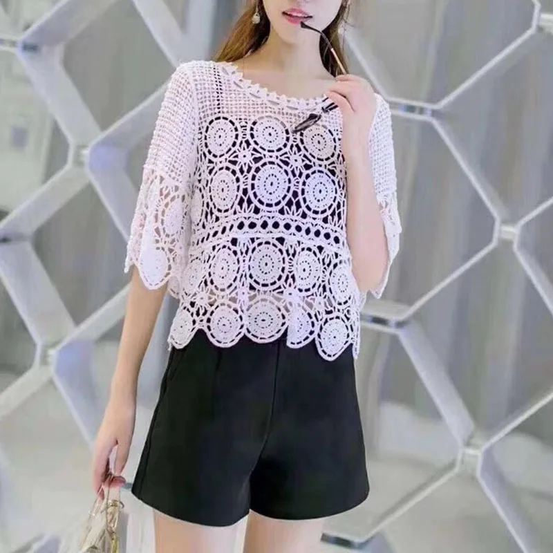 Seoaf элегантная кружевная открытая короткая блузка в Корейском стиле с коротким