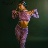 simenual mesh pattern print overlock cut out co ord sets sexy hot skinny long sleeve crop top and bandage pants 2 piece outfits