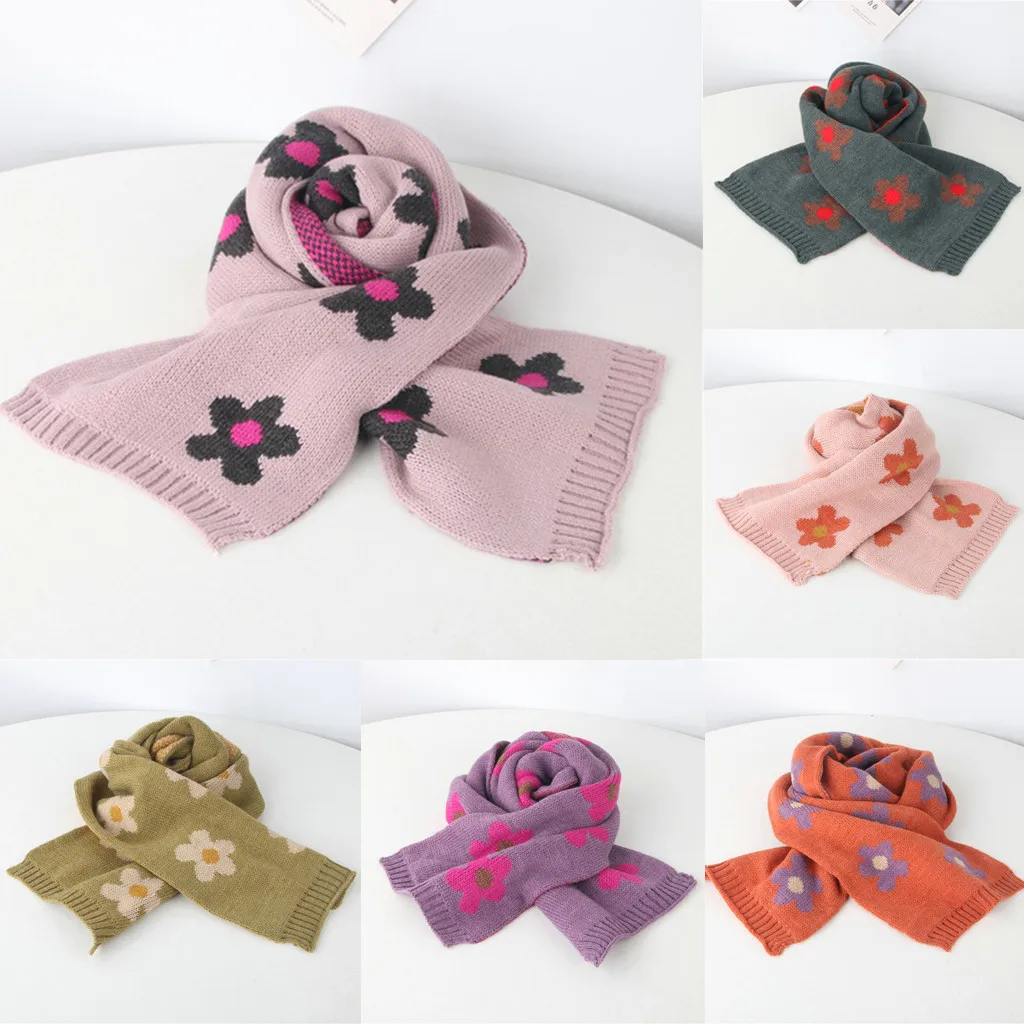 Вязаные Короткие розовые теплые детские шарфы с цветочным принтом шаль