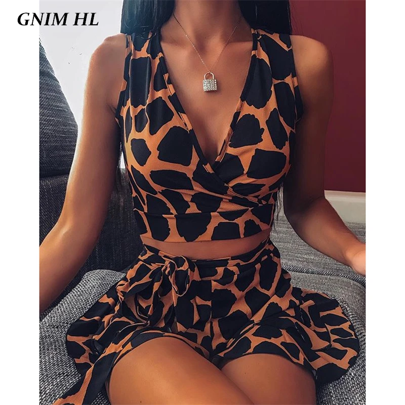 Женский леопардовый купальник бикини с глубоким V образным вырезом пикантный