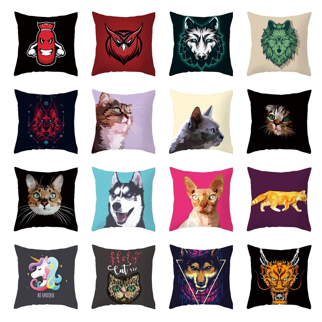 

Cartoon Animals Cushion Covers Cat Dog Wolf Print Pillow Case For Home Chair Sofa Decoration Pillowcases Car Waist Pillow Cover