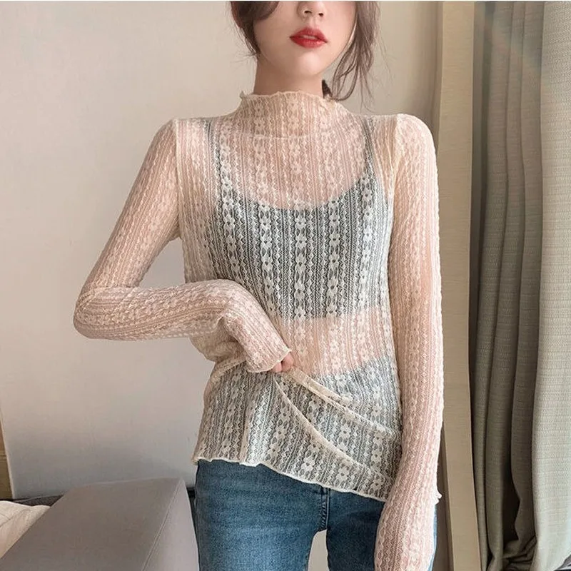 

Women Fashion Long Sleeve Sheer Mesh Solid Blouse Lace Blusas Under Shirts Elastic Slim Tops Sexy Blouses Women New 2022