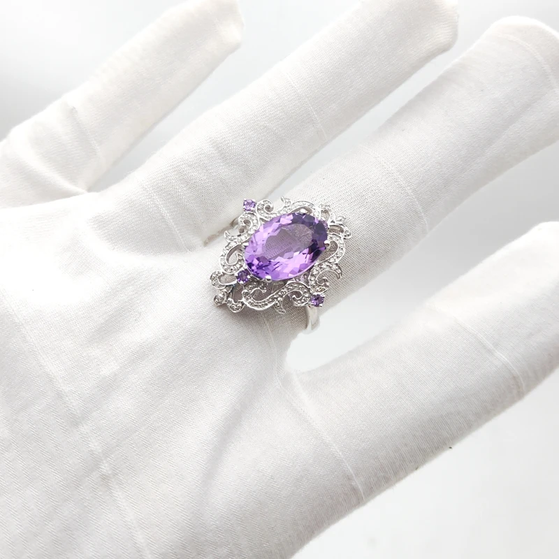 HELON 925 Sterling Silver Oval 4.54ct 100% Genuine Natural Amethyst Diamonds Ring Engagement Women Special Flowers Fine Jewelry | Украшения