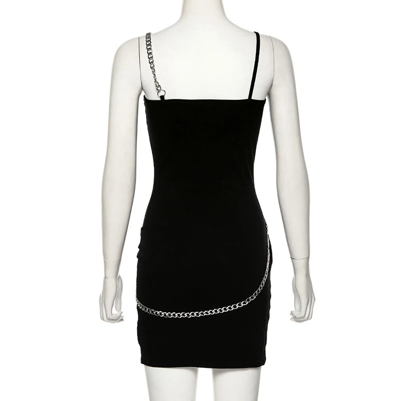 

Lyprerazy Women Chains Desgin Straped Dress Sexy Summer Spaghetti Sleeveless Side Split Black Club Party Mini Dresses