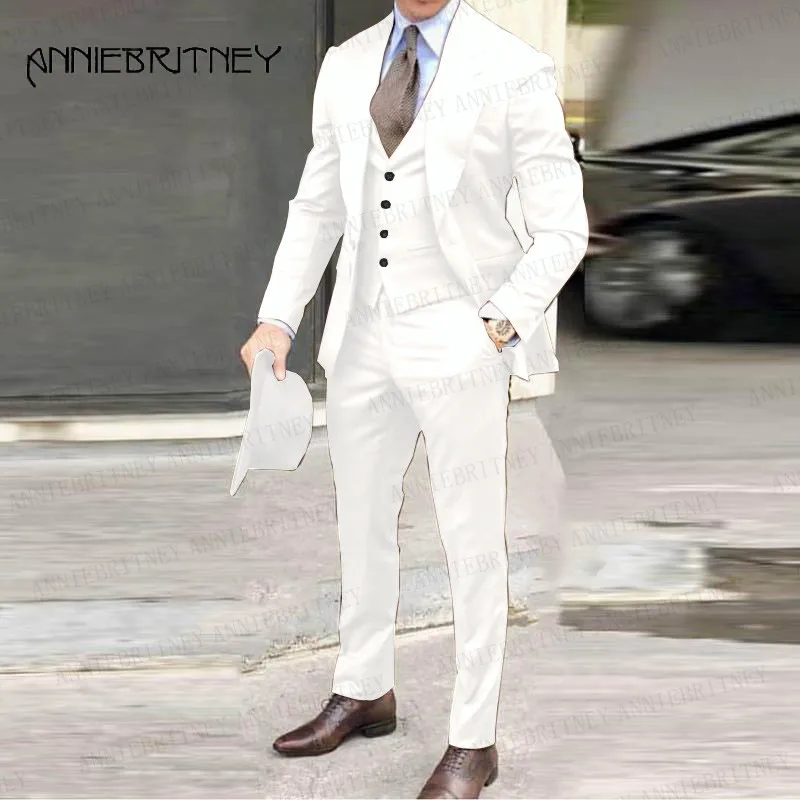 

2020 White Suit For Men 3 Pieces Set Men's Party Prom Wedding Suits Groom Tuxedo Slim Fit Blazer Business Jacket Vest with Pants