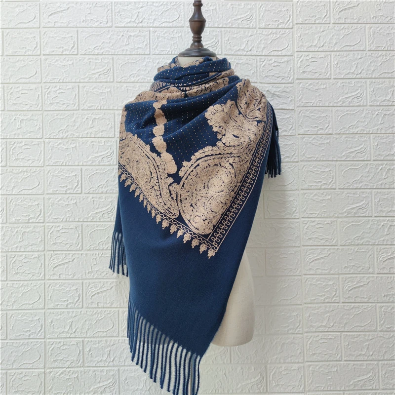 Женский шарф с вышивкой искусственный кашемировый из пашмины зимняя теплая шаль