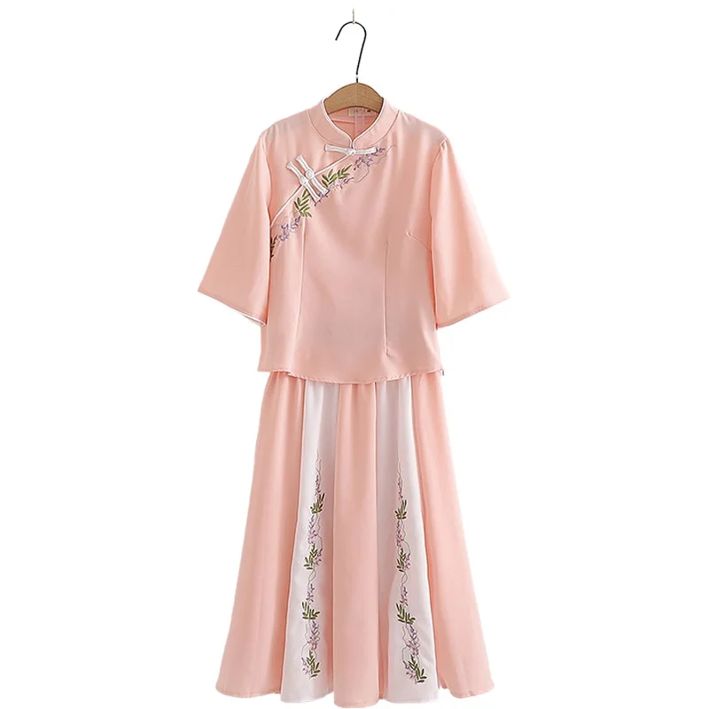 

Pink Chiffon Womens Two Piece Sets Floral Embroidery Stand Collar Blouse And Elastic Waist Knee Length Skirts Sweet Summer Sets