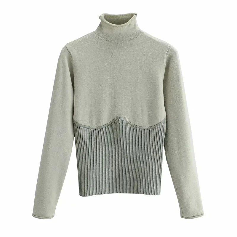 

Za Women's Sweater 2020 Fashion Stitching Turtleneck Long Sleeve Knitted Sweater Woman Vintage Pullovers For Women Clothing Tops