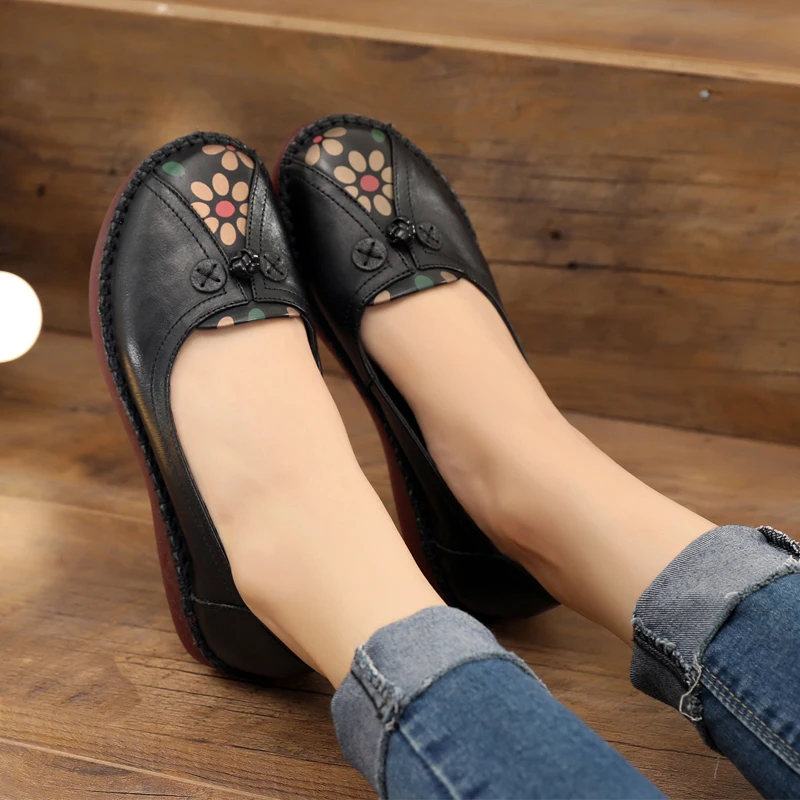 

Tilocow Patchwork Genuine Leather Women's Shoes Handmade Retro Shallow Female Loafers Slip On Flat Shoes Woman Casual Footwear