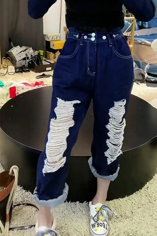 

Y2K Dark Blue Ripped Jeans for Women Summer 2021 New Woman Korean Casual Fashion Loose High Waisted Cropped Straight Denim Pants