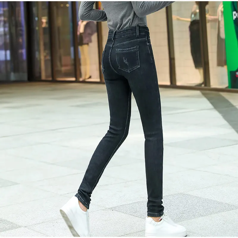 Зимние теплые удлиненные черные флисовые узкие джинсы для Высоких девочек