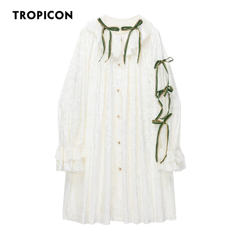 

TROPICON Velvet Jacquard White Button Up Flare Sleeve Dress For Women 2021 Ruffles Korean Fashion Kawaii Cute Autumn Dress 2021