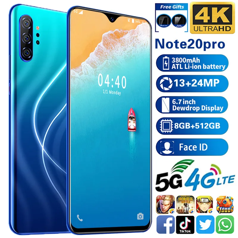 Смартфон Note20 pro сотовый телефон MTK6595 3G разблокированный смартфон 8 гб + 512 13 мп 24 мп.