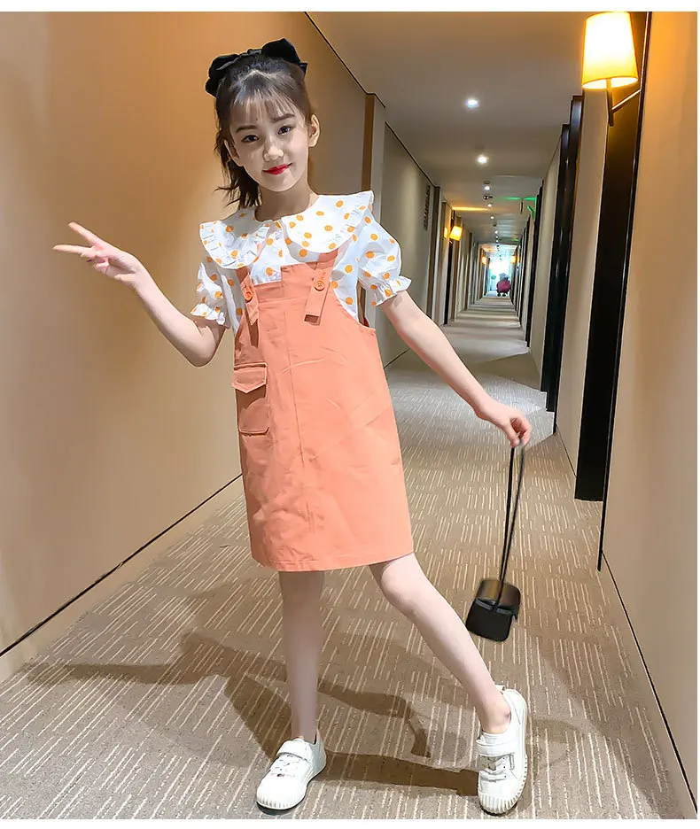

Girls' summer suits new fashion large children's clothing summer children's short sleeve suspenders two-piece dress