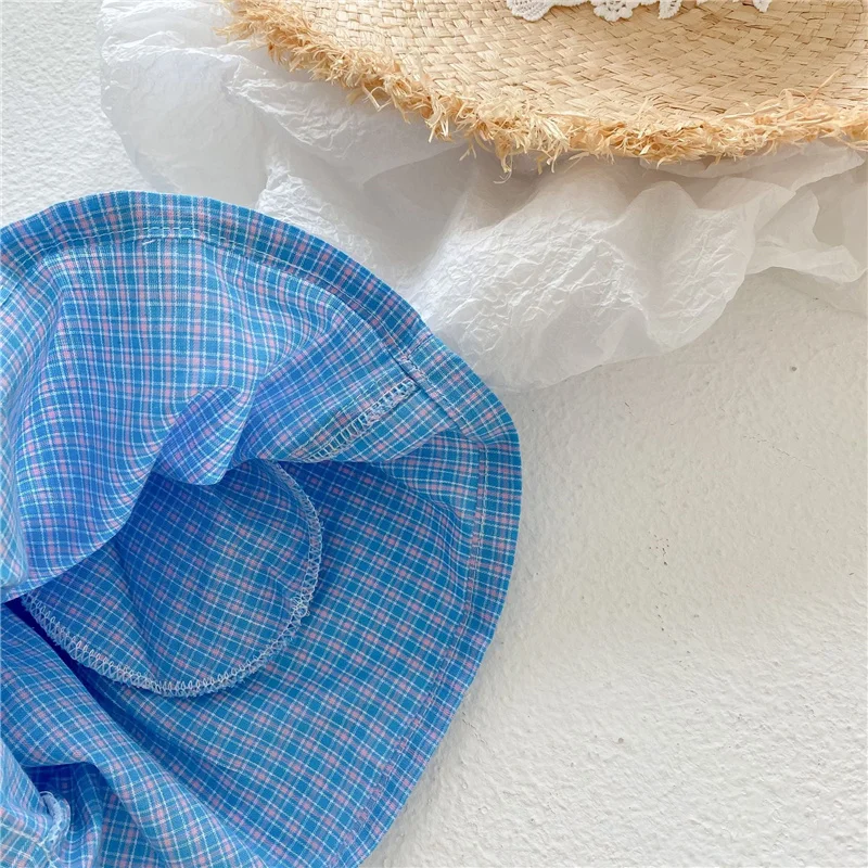 

2021 Summer Little Princess Blue Pliad Clothes Sets Cotton Puff Sleeve Short Style Tops Shorts 2Pcs Suits Girls Outfits Kids