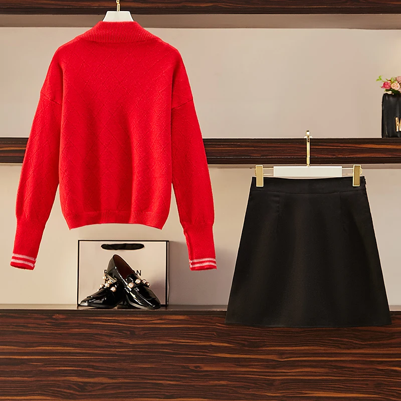 

New Winter Spring 2021 Women Condole V-Neck Red Pullover Sweater Black Zipper Short Skirt Leisure Lady Knit Two-Piece Outfit