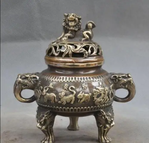 Старинная китайская бронза 12 знаков зодиака брелок для foo dog Лев зверь Статуя