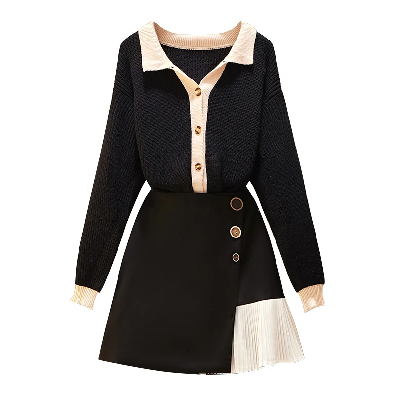 

Spring Autumn Women Outfit New Big Yards Black Sweater Pleated Skirt Two Pcs Leisure Suit Vogue Student Lady Knitwear Vestido