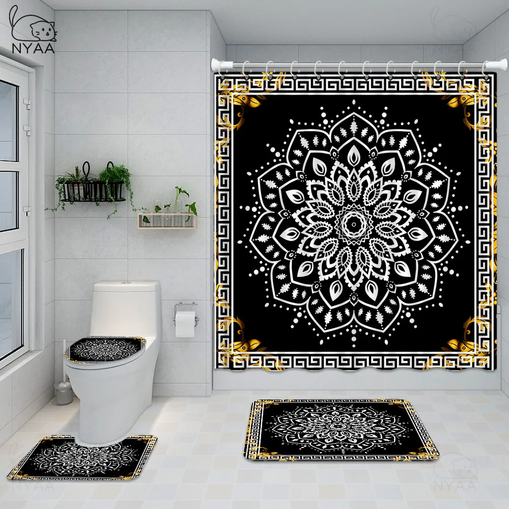 

Stylish Black And White Mandala Shower Curtain Set Abstract Floral Bathroom Curtains Bath Mat Rug Meditation Spa Decor