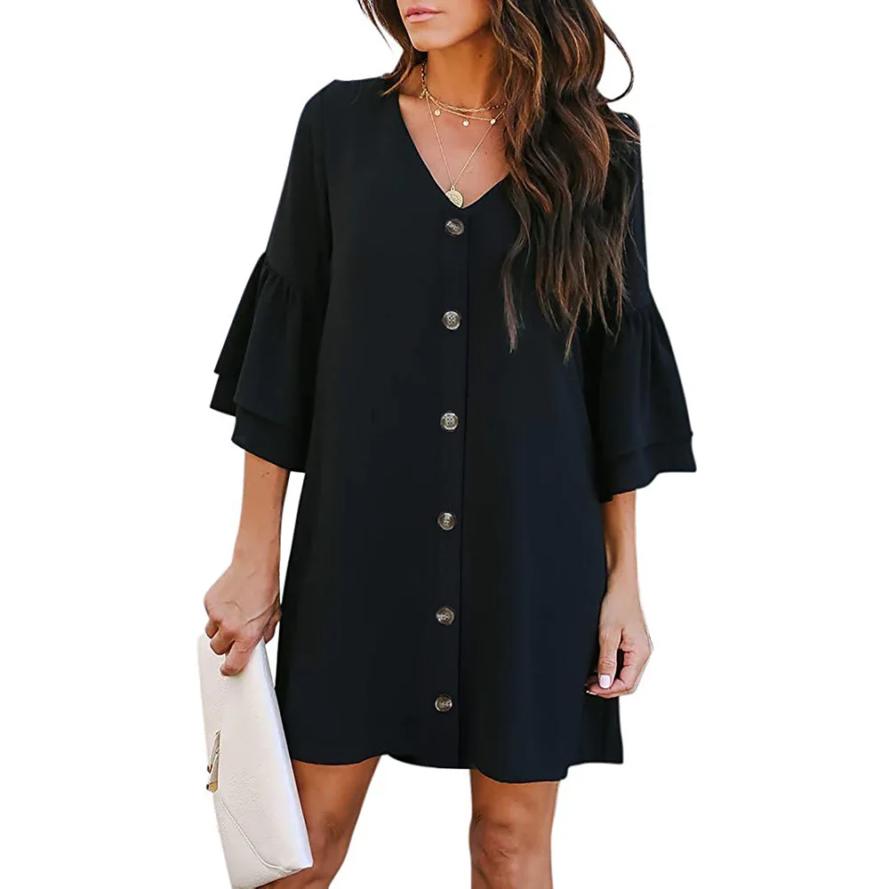 

Loose Casual Dresses Single-breasted Short-sleeved Skirt Women Dress Elegant Dress