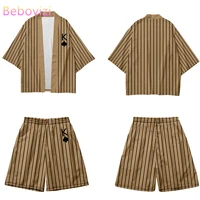 two piece suit 4xl 5xl 6xl loose stripe japanese cardigan women men cosplay khaki yukata harajuku samurai kimono shorts sets