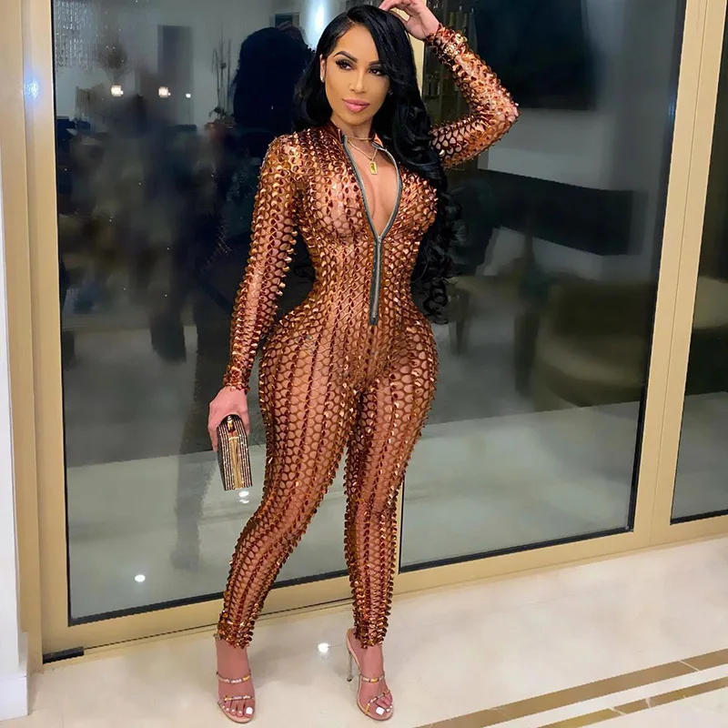 

See Through Hollow Cue Out Sexy Zipper Jumpsuit Women 2021 New Fashion Hole Skinny Elastic Club Streetwear Rompers Jumpsuits