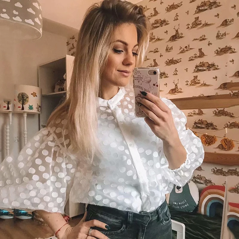 Ardm Sexy Perspective Lantern Sleeve White Polka Dots Lace Blouse Women Single Breasted Shirt Vintage Female Spring Summer Tops