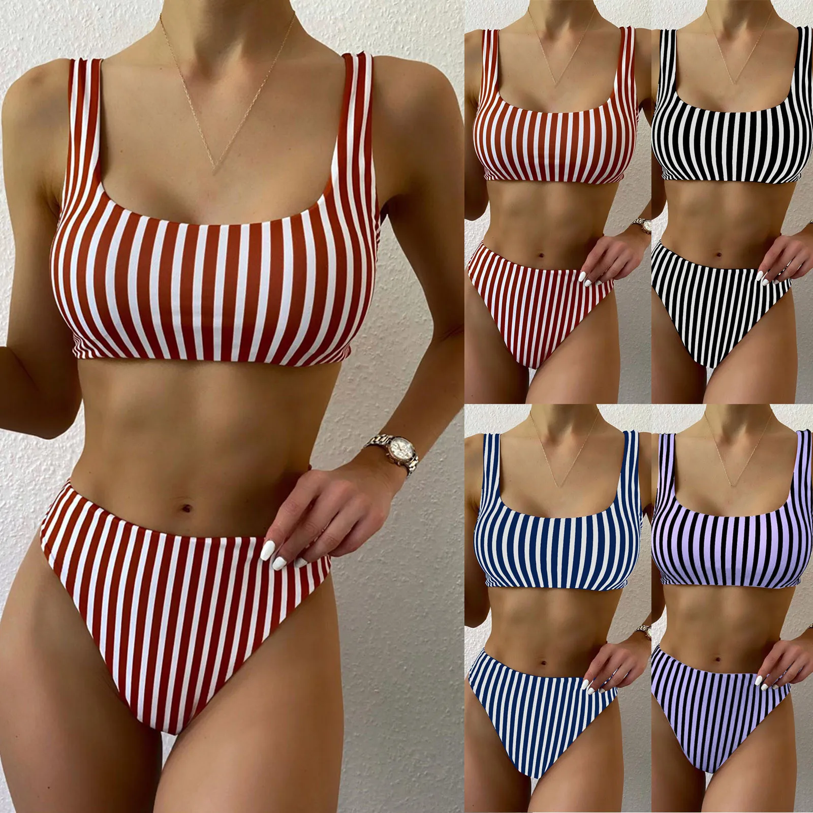 

Сексуальные полосатые бикини 2021, женский купальный костюм с высокой талией, купальник-бандо, спортивный женский купальный костюм, бикини, с...