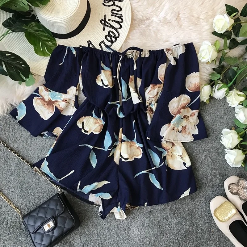 2021 Summer New Slash Neck Women Jumpsuits And Rompers Floral Printed Short Chiffon Ruffles Lady Playsuits Top Quality |