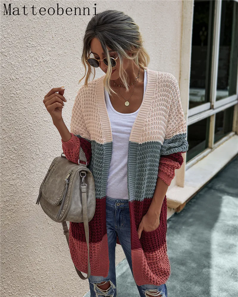 Fashion Cardigans Autumn Winter Womens Sweaters 2020 Knitting Sweater Long Cardigan Color Contrast Coat Female Knitted |
