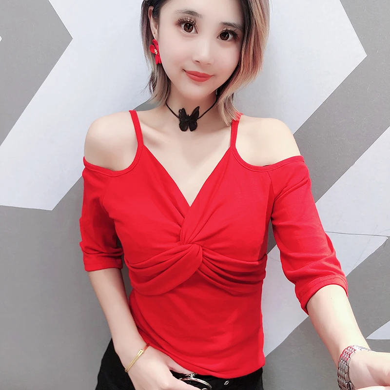 Корейский стиль неровность Сексуальная футболка с открытыми плечами новинка 2019