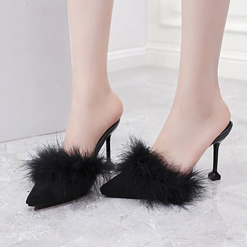 Женские меховые шлепанцы на высоком каблуке классические туфли с острым носком