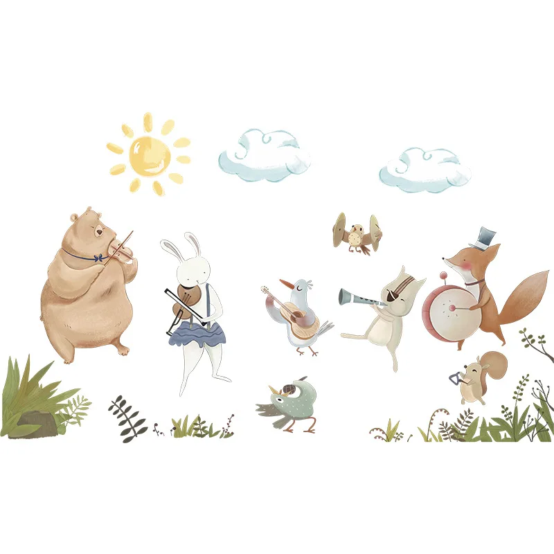 

Nordic Ins Watercolor Wall Stickers Animal Band Performer Kids Room Bedroom Bedside Wall Decoration Removable Cartoon Mural PVC