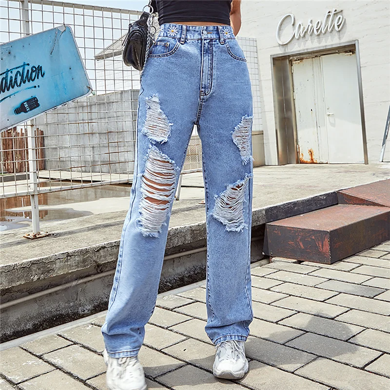 

Женские свободные джинсы, новые Прямые рваные повседневные брюки с высокой талией и широкими штанинами, модные облегающие джинсовые брюки ...