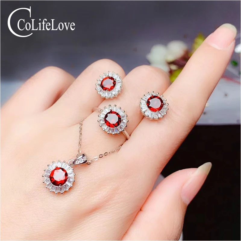 Комплект ювелирных изделий из серебра 925 пробы с натуральным гранатом|Ювелирные