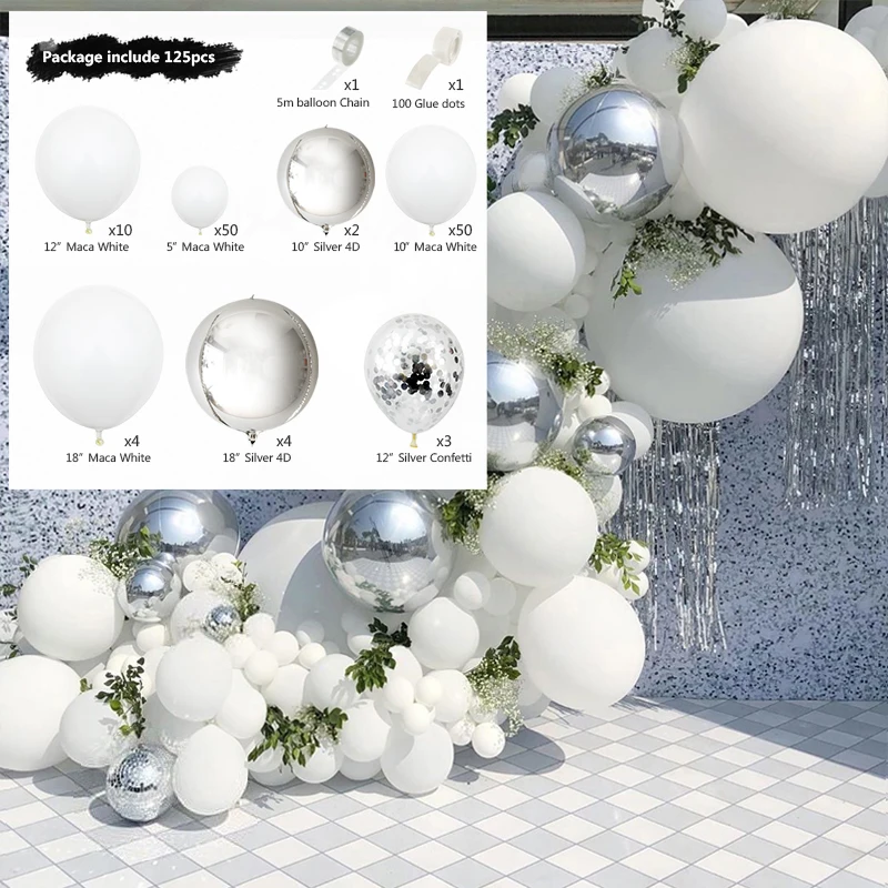 Globo blanco plateado arco set de guirnaldas 125 piezas de l&aacute;tex globos confeti beb&eacute; ducha cumplea&ntilde;os boda graduaci&oacute;n aniversario-4