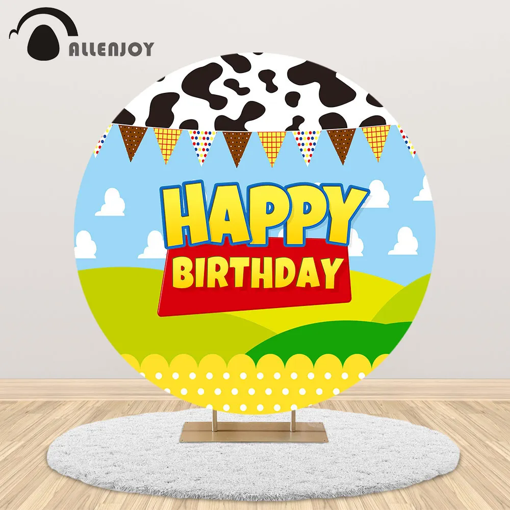 

Allenjoy Zenon Farm story Party Round Backdrop Sky Cloud Cow Flag Child Birthday cartoon Animal Banner Decor Background cover