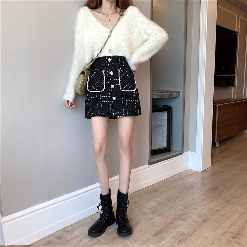 Юбка женская твидовая с карманами Офисная винтажная шерстяная мини юбка