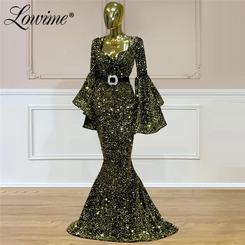 

Lowime Gold Sequins Mermaid Evening Dresses Arabic Dubai Long Sleeves Formal Middle East Women Party Gowns Robes Prom Dress Plus