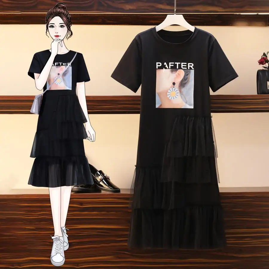 

4XL Plus Size Women Print Tshirt Dress Summer 2021 Fashion Short Sleeve Cotton Patchwork Loose Casual Mesh Ruffle Dresses Black