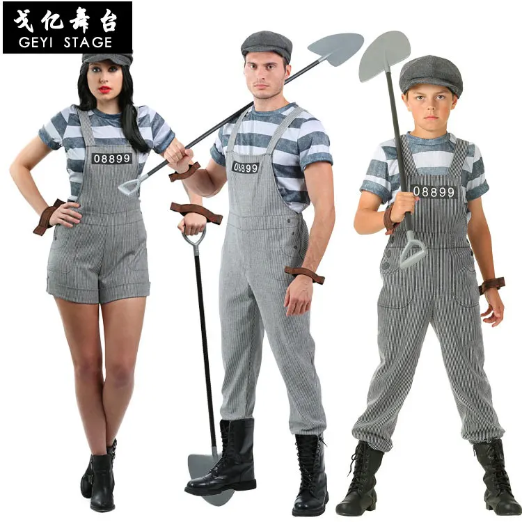 

Carnival Party Halloween Prisoner Costume for Men Women Kids Child Family Violent Prisoner Costumes Fancy Dresses Set Overalls