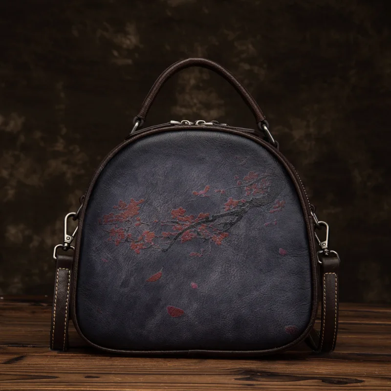 New Retro Women's Shoulder Bag Plum Blossom Series First Layer Cowhide Fashion Casual Diagonal Portable