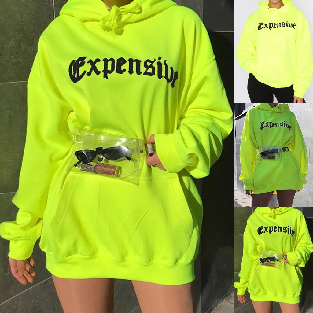 

Vogue Women's ESPENSIVE Letter Print Drawstring Hooded Long Fluorescent Long Sleeve Sweatshirt Long Section Winter Autumn