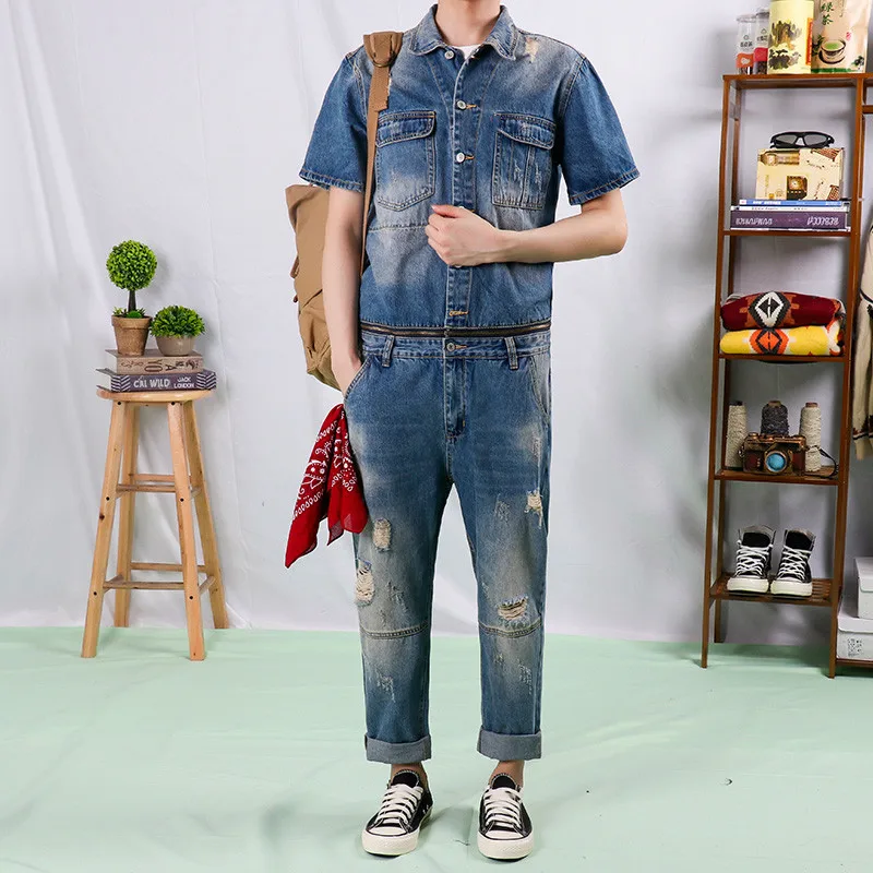 Джинсы + джинсовая куртка мужской комбинезон летняя с коротким рукавом костюм