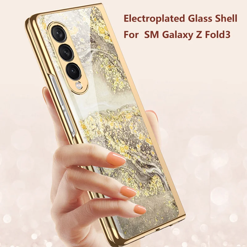 hard phone cover for samsung galaxy z fold 3 5g case plating glass marble pattern precise hole new shockproof protective fundas free global shipping